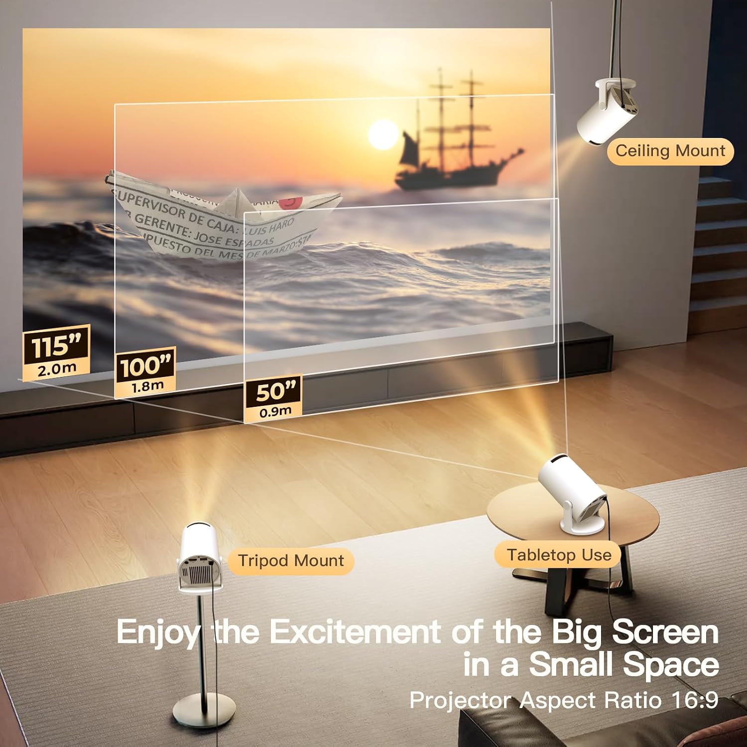 mmm Mini Projector, 2Smart Projector WiFi 6 Bluetooth, Native 720P 4K5 Support, 121212Small Home Cinema for Bedroom & Outdoor, Ceiling, Wireless, Android TV, Phone Mirroring, Movie, HY300Pro - Image 6
