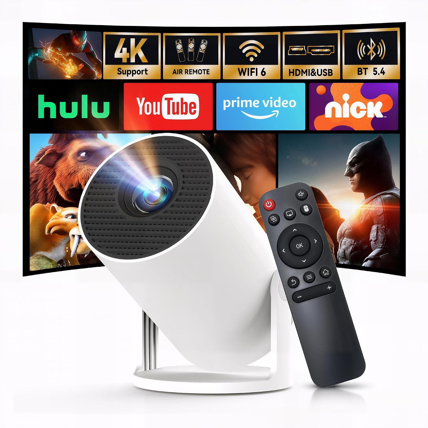mmm Mini Projector, 2Smart Projector WiFi 6 Bluetooth, Native 720P 4K5 Support, 121212Small Home Cinema for Bedroom & Outdoor, Ceiling, Wireless, Android TV, Phone Mirroring, Movie, HY300Pro