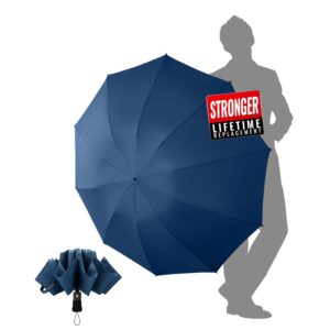Chakipee Folding Umbrellas Blue Compact inverted open umbrella with 10 ribs and a man silhouette featuring Stronger Lifetime Replacement badge