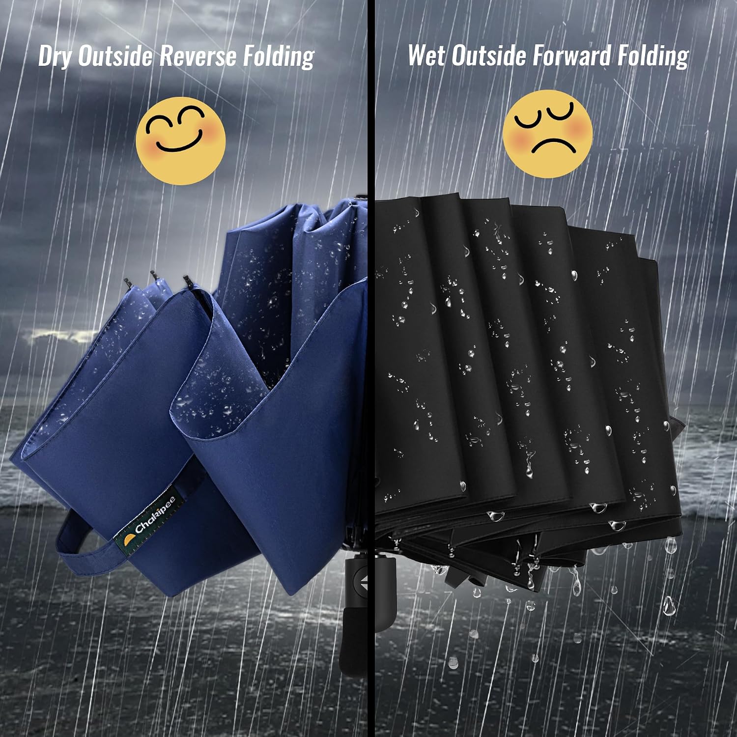 Chakipee Folding Umbrellas Blue Compact inverted umbrella folds dry outside wet inside perfect for rain