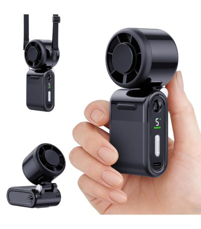 iFunSky Personal Fans Black Turbo handheld fan with digital display shown in hand and as a neck fan